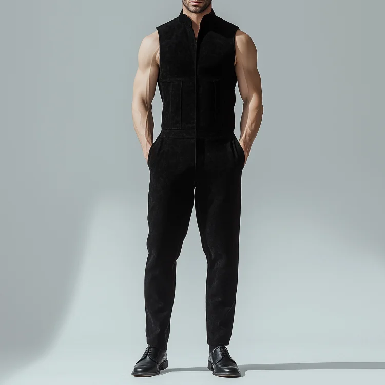 Okaywear Suede Stand Collar Sleeveless Pocket Zipper Jumpsuit Okaywear