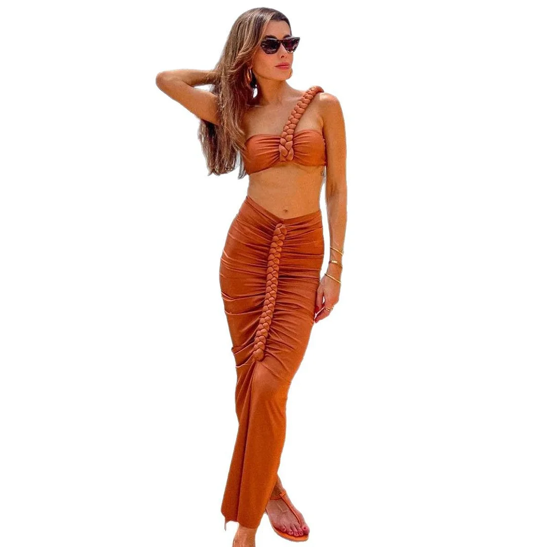 Uveng Cord-And-Rope Slings Breast-Thorbic Bikini Half-Body Ass And Hip Skirt Three-Piece Solid Color 2025 New