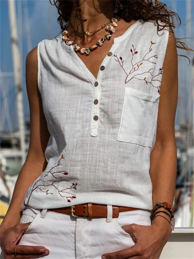 Tree Embroidered Button Up Tank Top