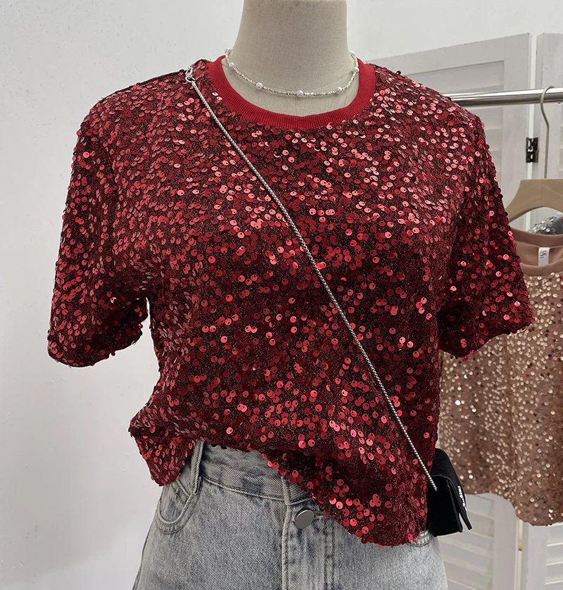 Uveng Red Lidg Short-Sleeved T-Shirt Woman 2025 Spring Dresses Loose Lime Bling Blouse 1059