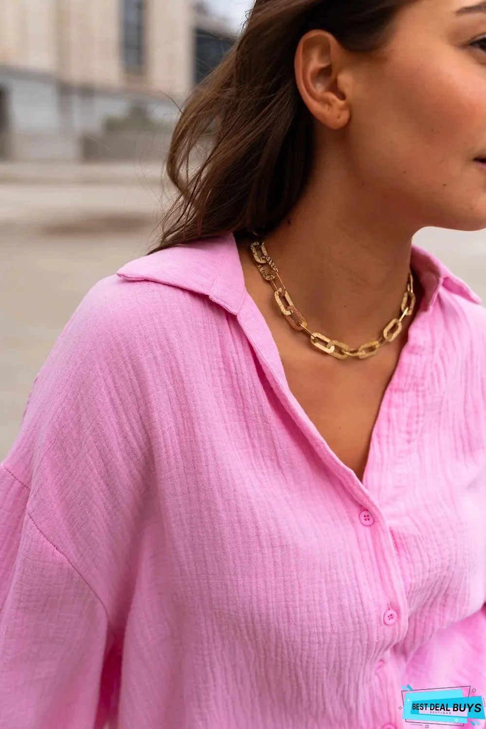 Bonbon Solid Color Puff Sleeve Crinkled Shirt