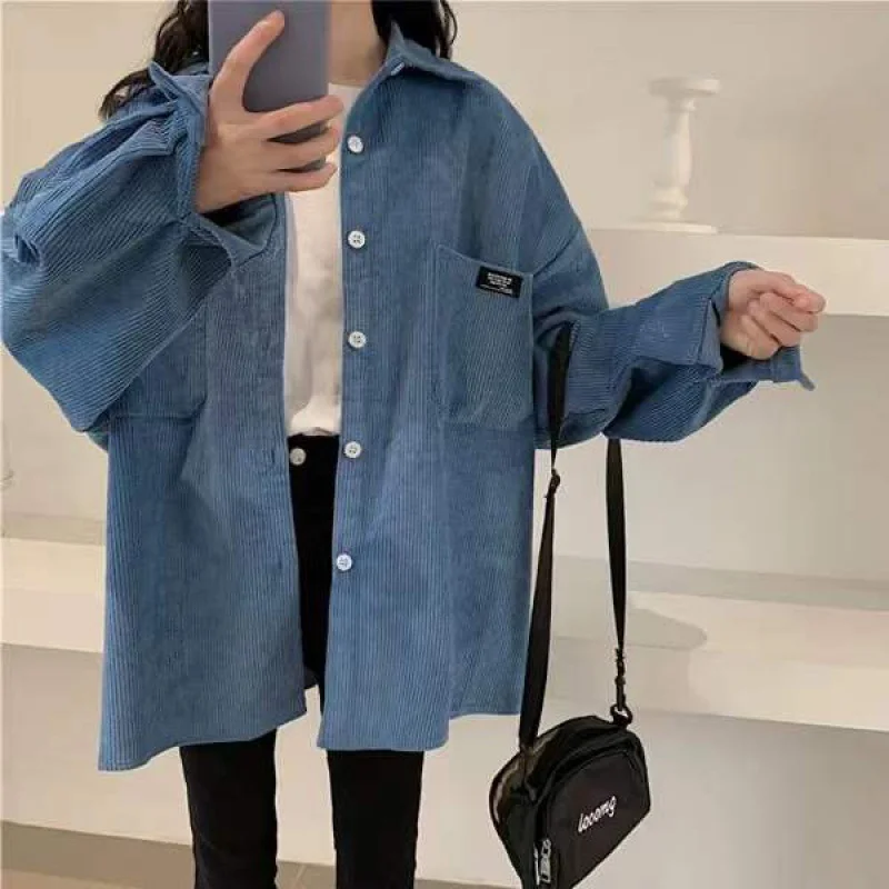 Uveng Uveng Shirt Women Autumn Long-Sleeved Top Spring And Autumn Korean Version Of Loose Bf Lazy Boyfriend Wind Blue Shirt Coat