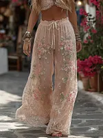 Women's Pink Roses Art Print Flowy Linen Blend Casual Pants