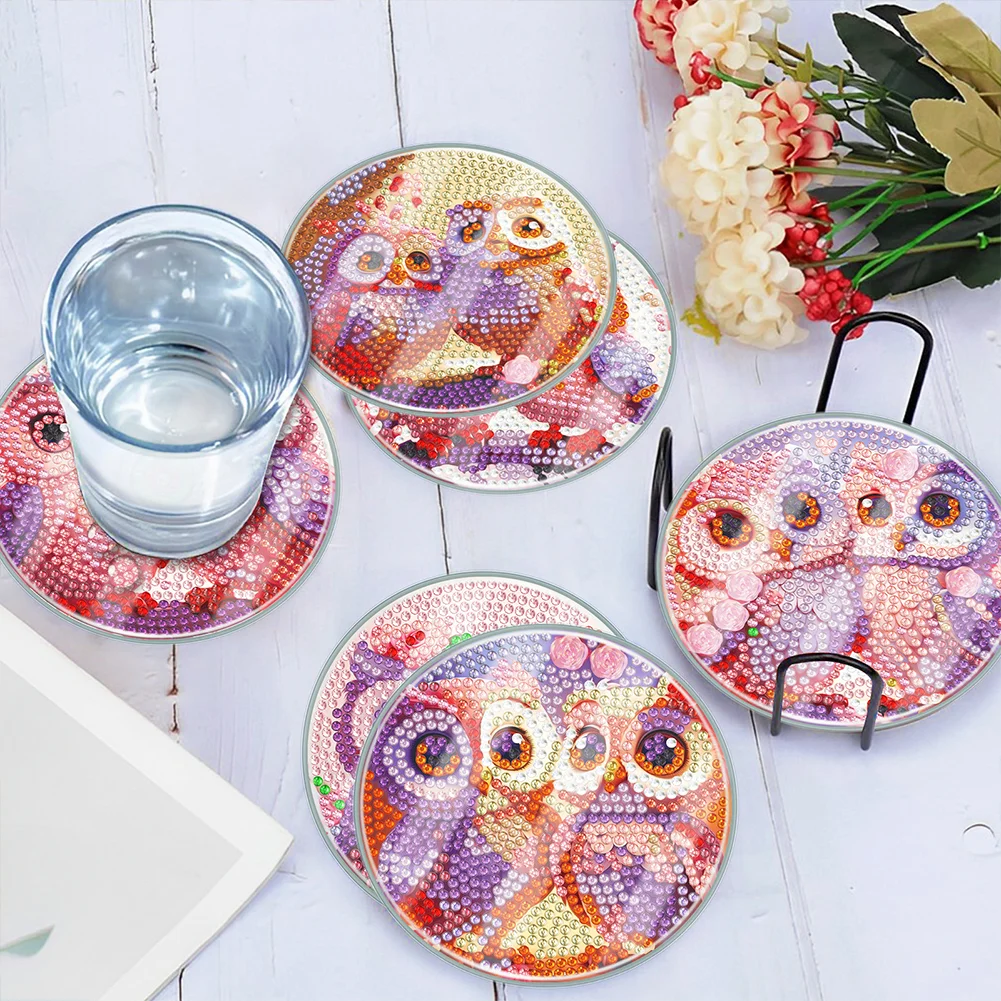 [Upgrade - Waterproof Coaster]6pcs DIY Owl Coaster Set Holiday Christmas for Adults and Beginners(With Covers)