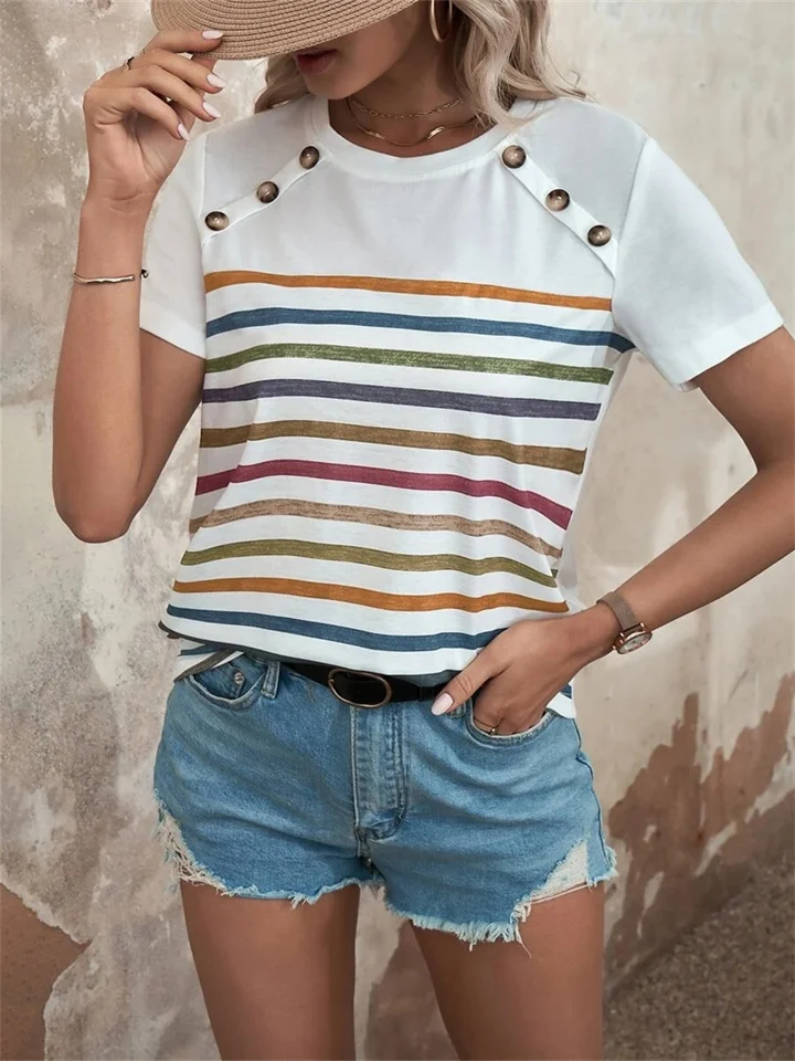 Women's Striped Printed Color Blocking Color Blocking Button Decoration Round Neck Pullover Short Sleeve Casual Top Women