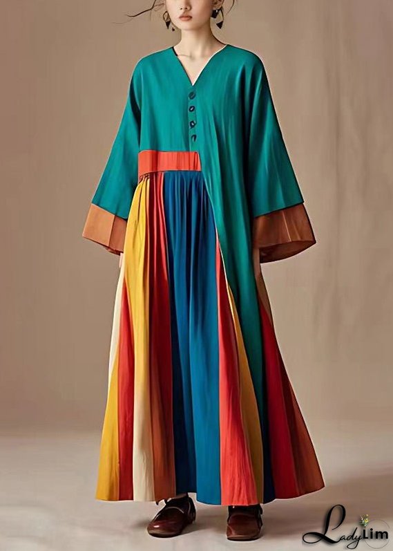 Boho Green Asymmetrical Patchwork Cotton Maxi Dress Summer