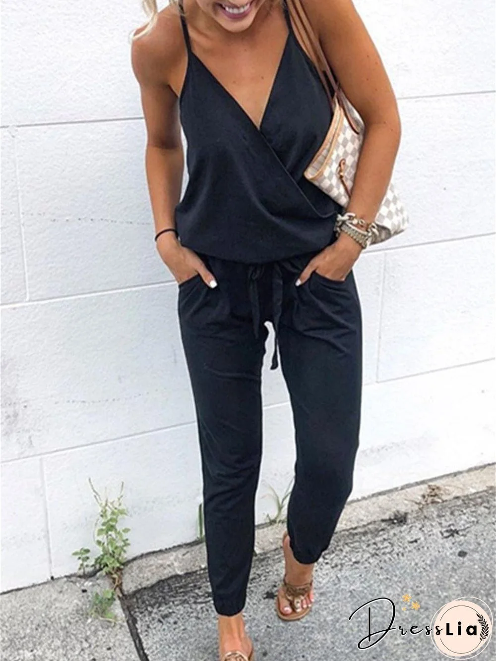 Women'S Jumpsuits Casual Sling V-Neck Belted Pocket Jumpsuit