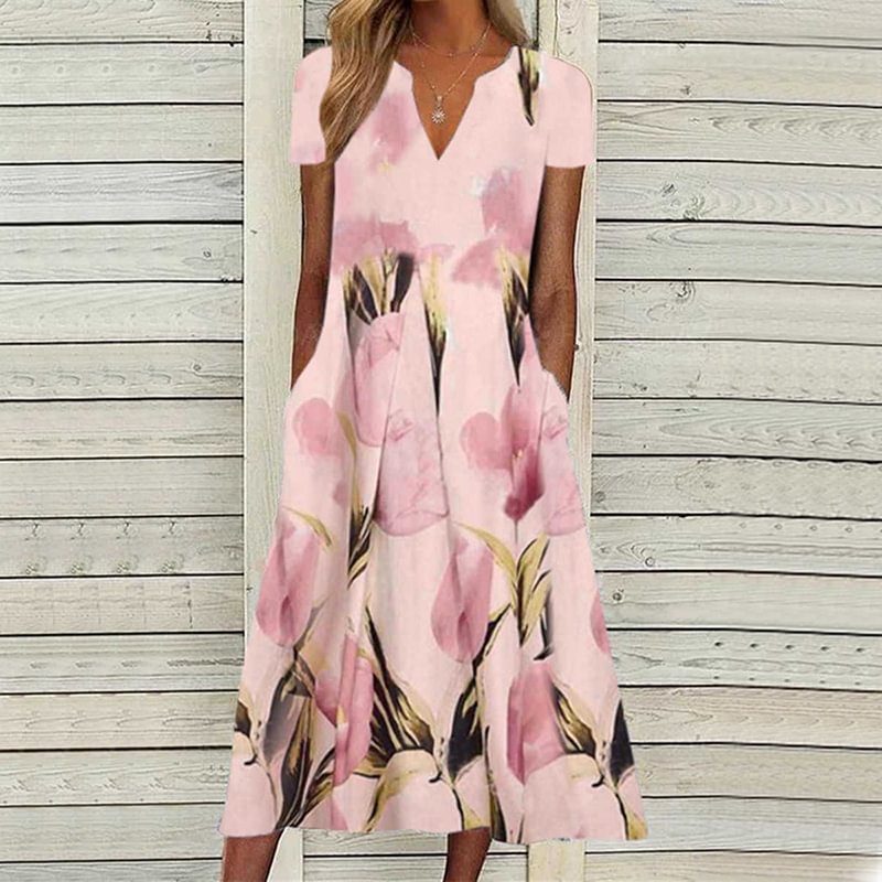 Fashion Floral Print V-Neck Short Sleeve Midi Dress