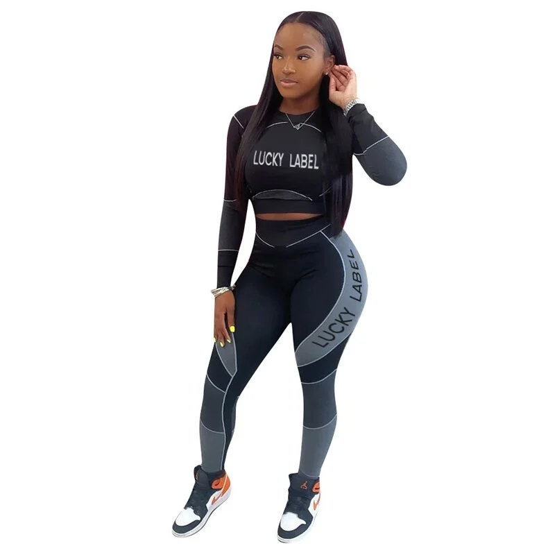 2 Piece Set  Sexy  Fall Clothes Outfit Fitness Bodycon long sleeve Crop tops Pants Leggings Jogger Matching Set Women Tracksuit
