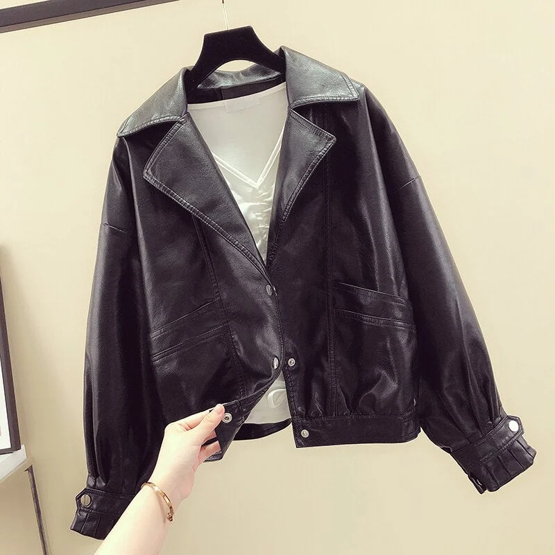 FTLZZ Spring Women White Black Yellow Turndown Collar Single Breasted Biker Jacket Faux Leather Vintage Short Motor Jackets