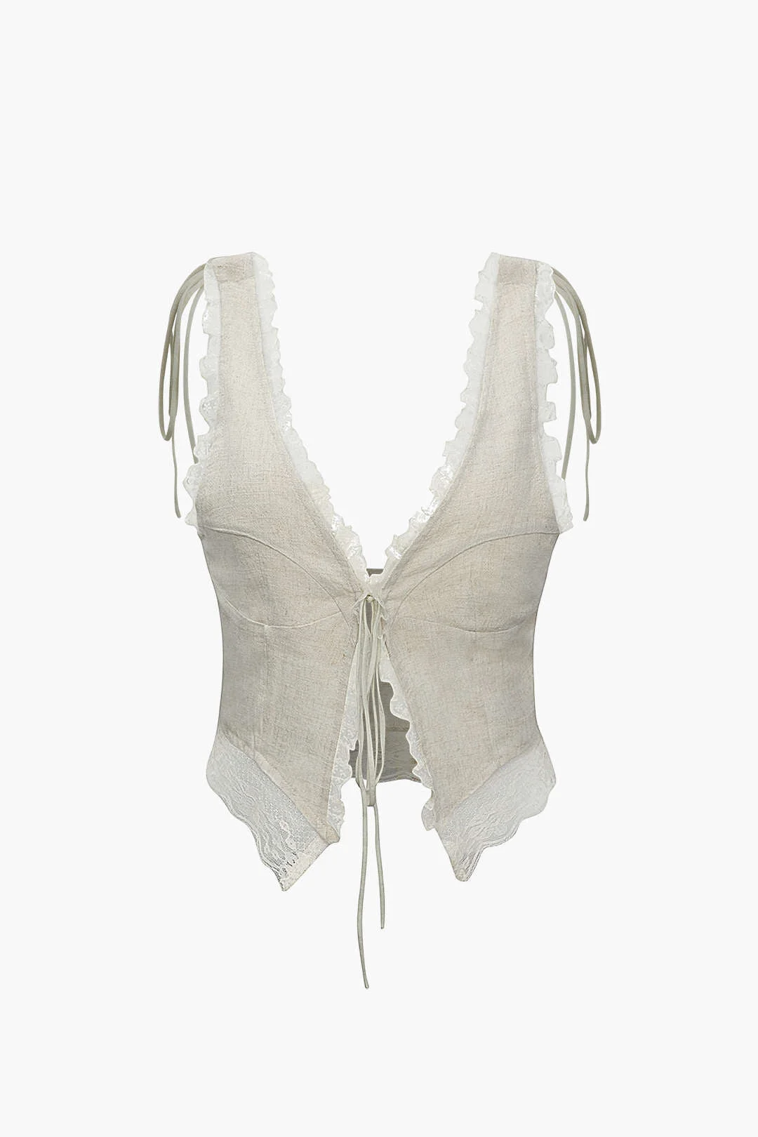 Brownm lace trim tank top with tie front