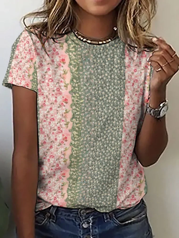 Printed Short Sleeve Casual T-shirt for  Women and Men Unisex Pattern Floral,Pink,Green,Stitch
