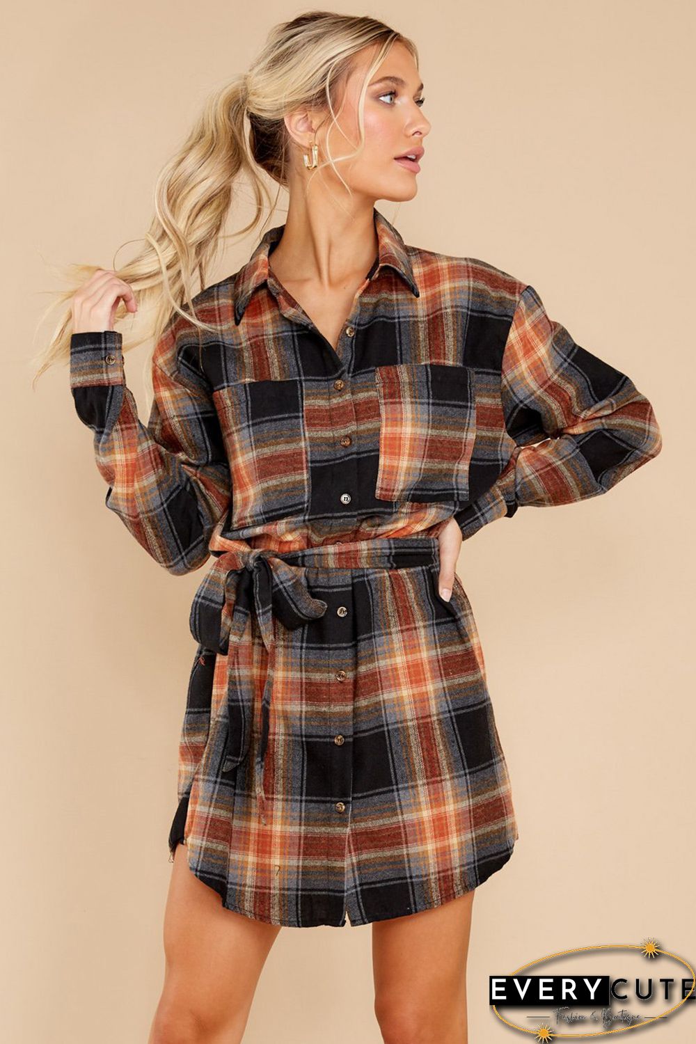 Plaid Chest Pocket Shirt Mini Dress with Belt