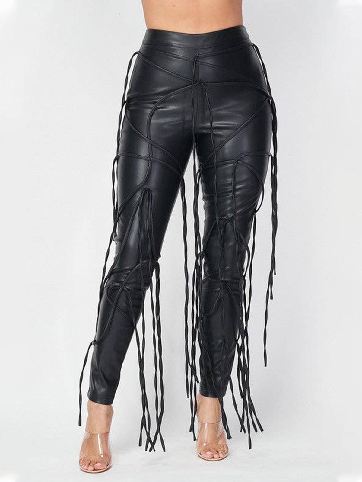 Fashion PU Leather Solid Strappy Bodycon Pants