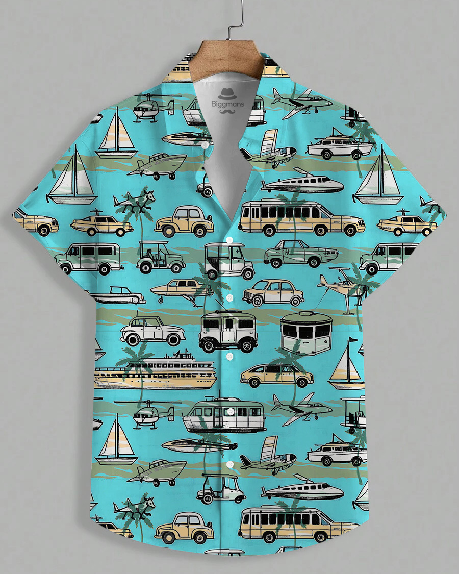 Men's Plus Size Hawaiian Blue Coconut Stripe Vintage Sailing Car Print Short Sleeve Shirt