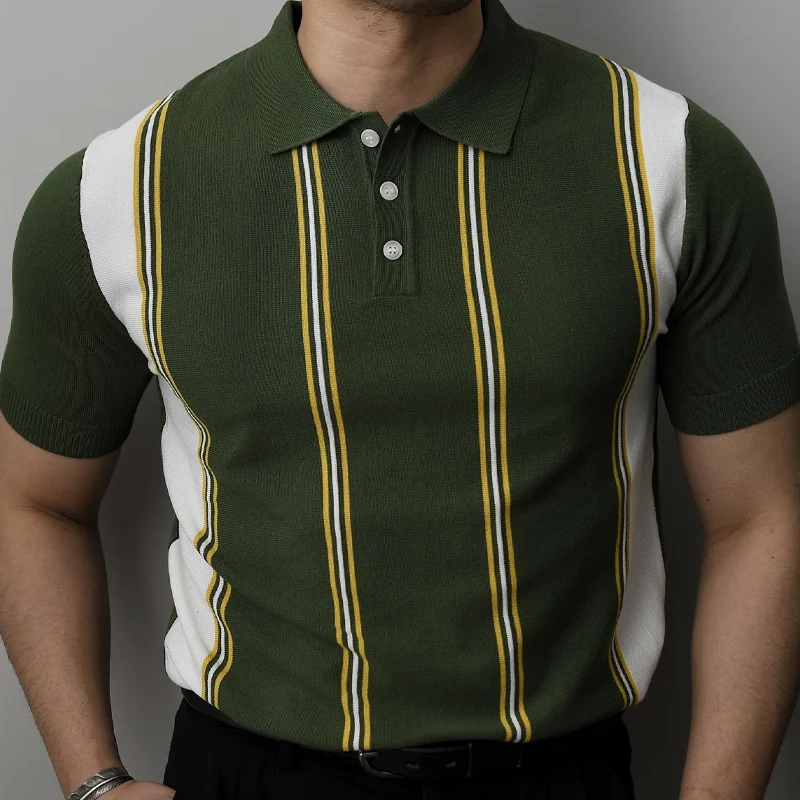 Casual Striped Color Block Short Sleeve Polo Shirt