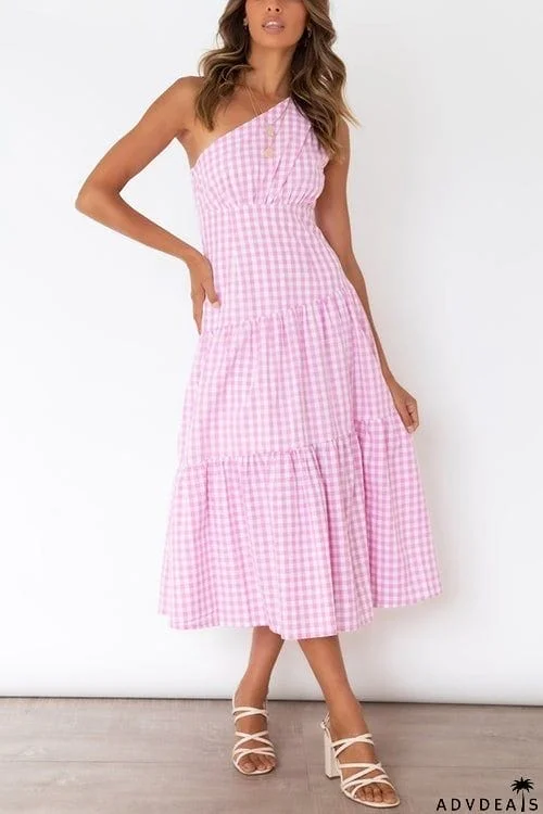 Plaid One Shoulder Layer Midi Dress