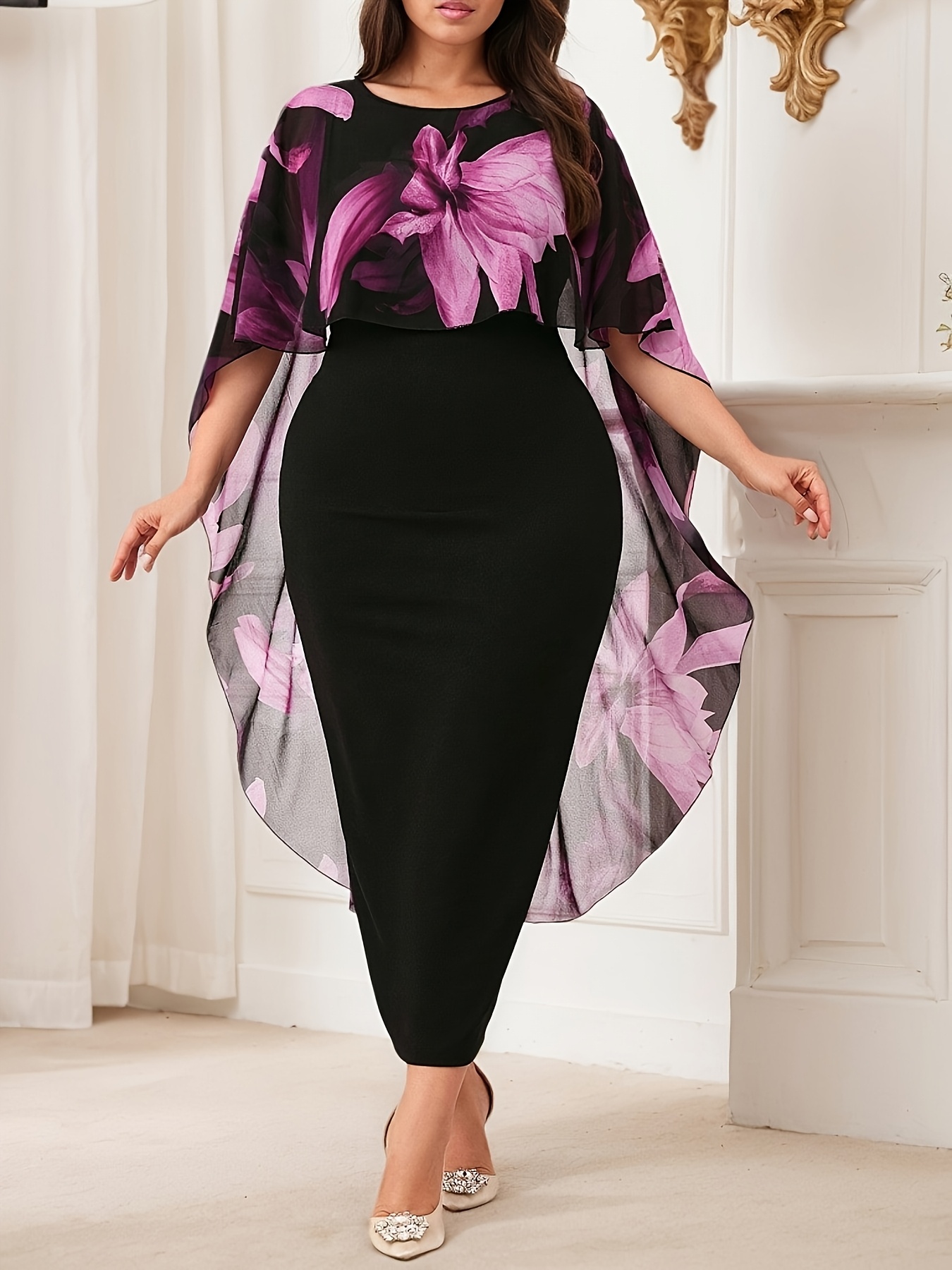 Plus Size - Large Size Women's Elegant Chiffon Style Design Waist Cinched Summer Short Sleeved Dress | IFYHOME