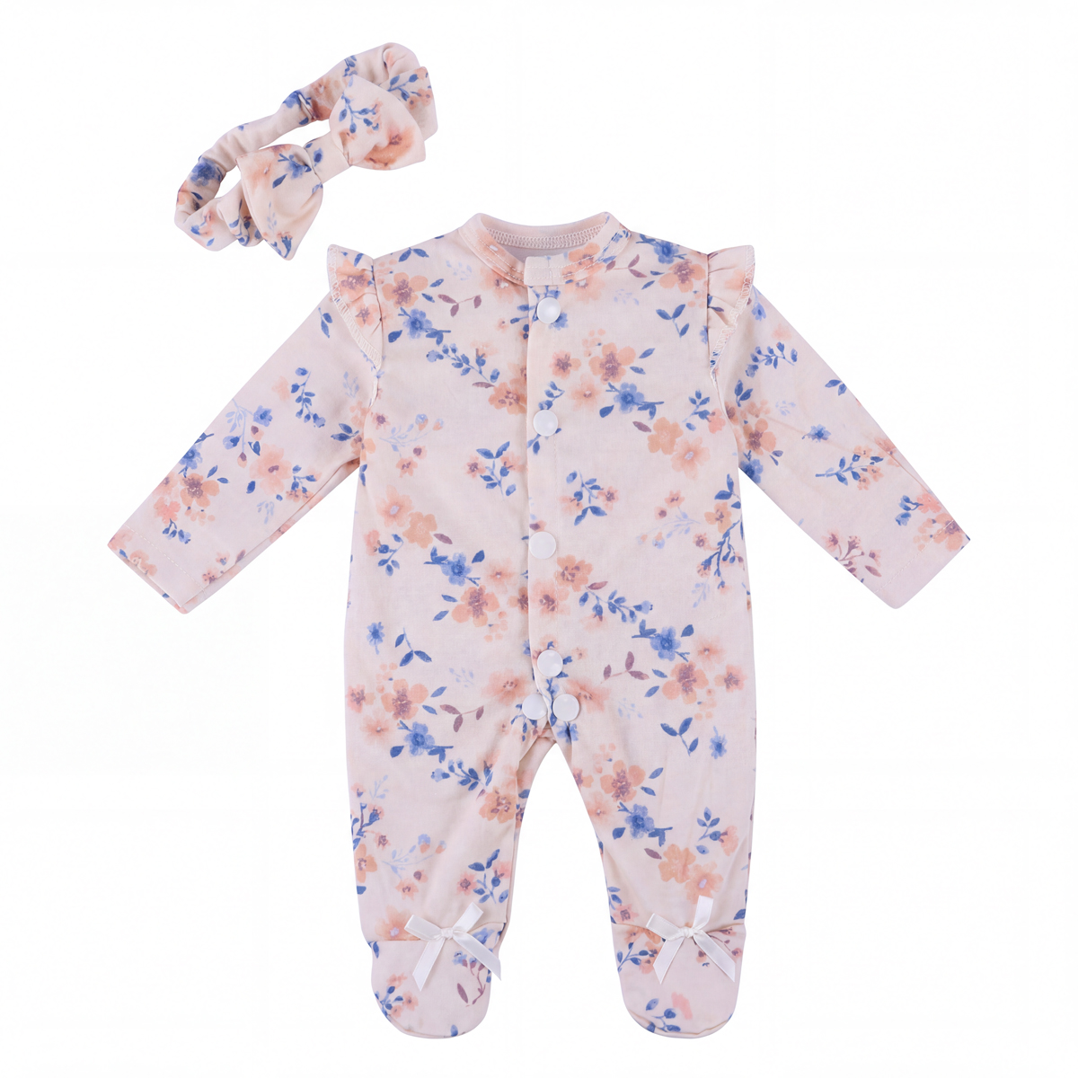 17-Inch Orange and Blue Floral Print Light Yellow Romper with Headband