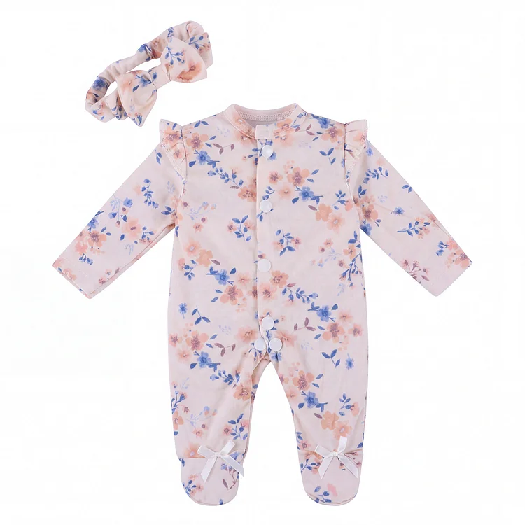 17-Inch Orange and Blue Floral Print Light Yellow Romper with Headband