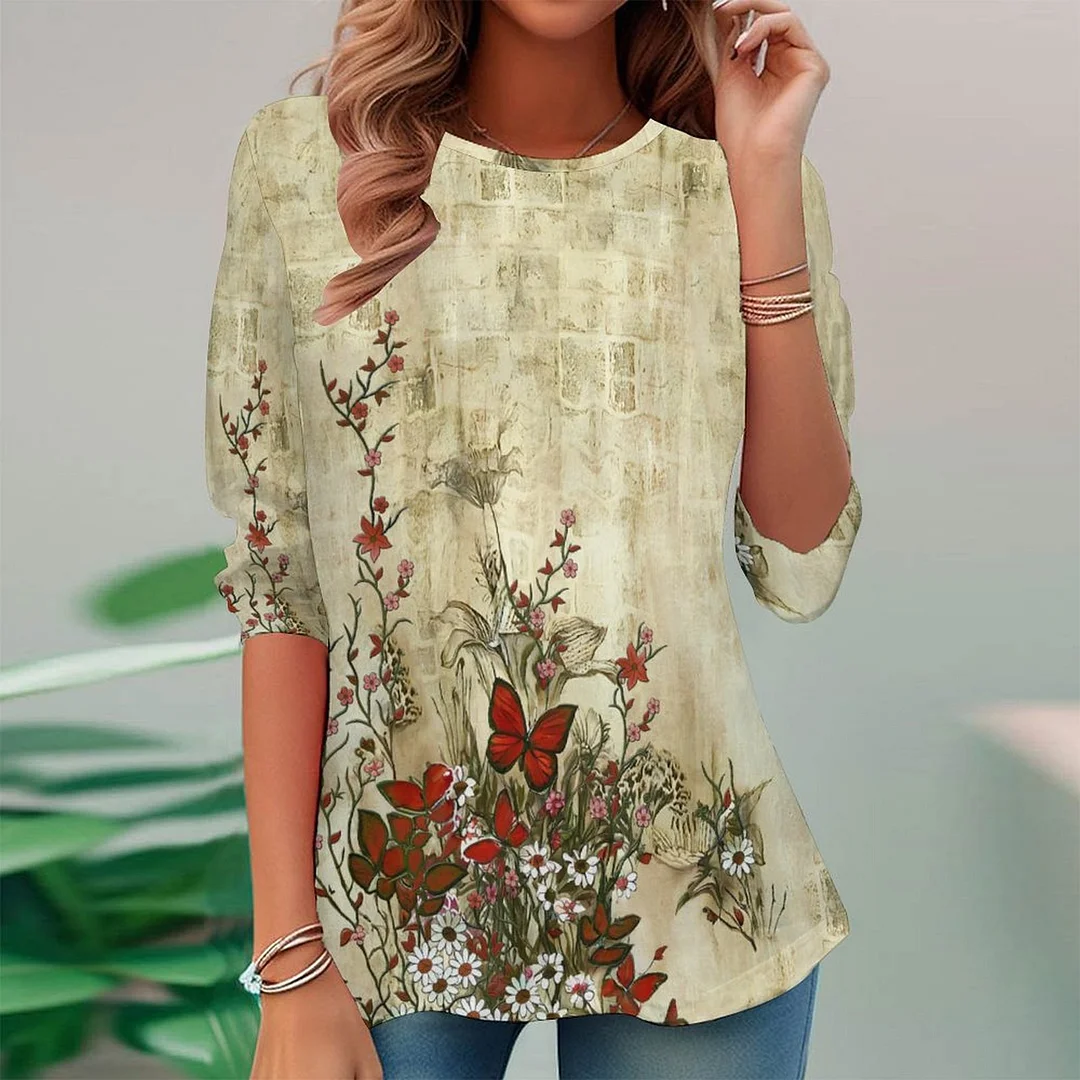 Vintage Printed Long Sleeve Plus Size Tunic for  Women and Men Unisex Pattern Floral,Red,Beige,Gray