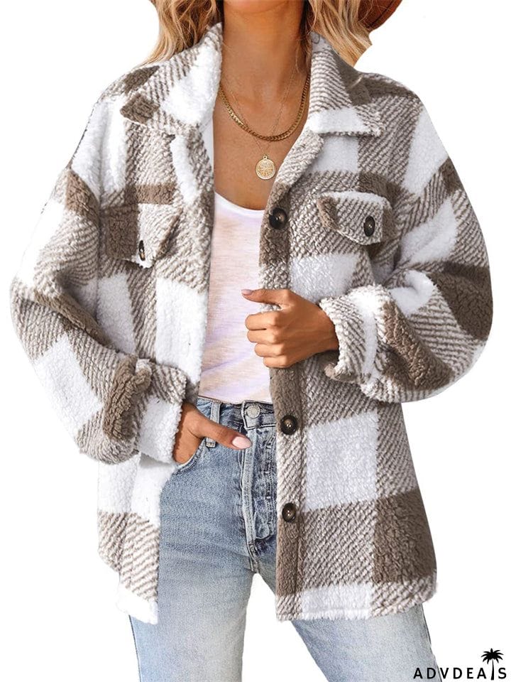 Female Casual Thermal Lapel Button Plaid Cashmere Coat