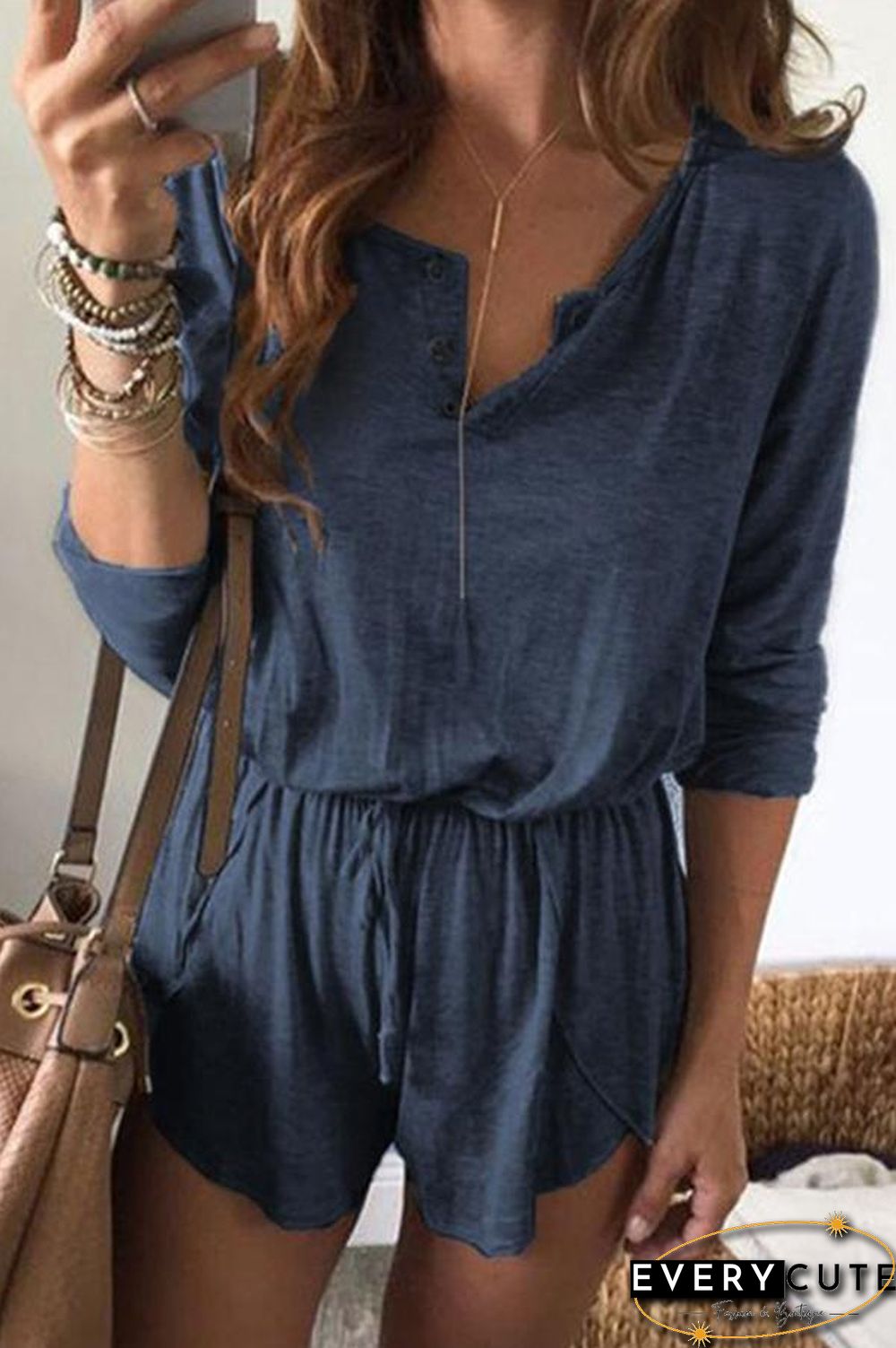 Solid Color Long Sleeve Tie Waist Romper P15010