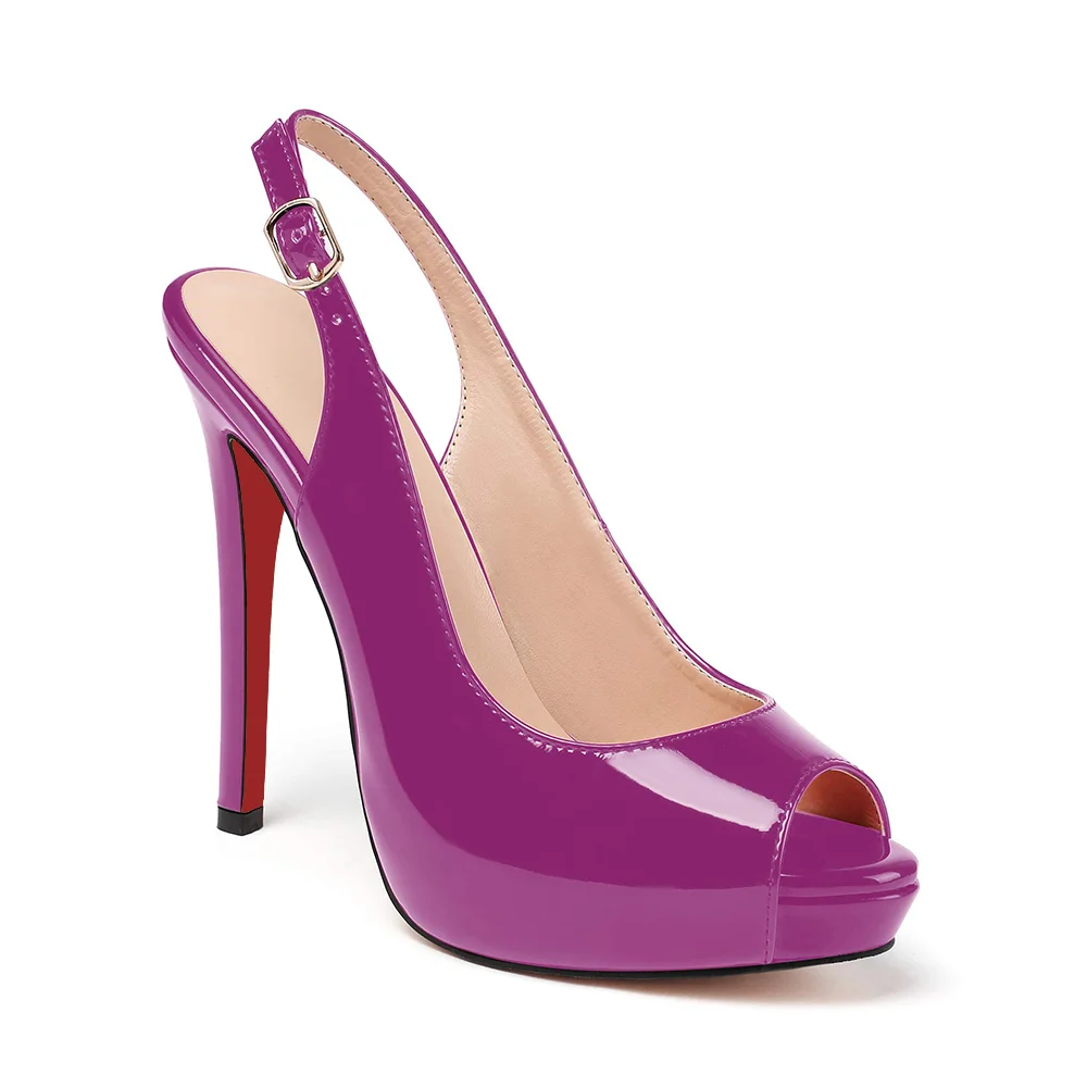 120mm Red Bottom Strap Slingback Sandals Peep Toe Platform Stilettos Purple Patent Heels-MERUMOTE