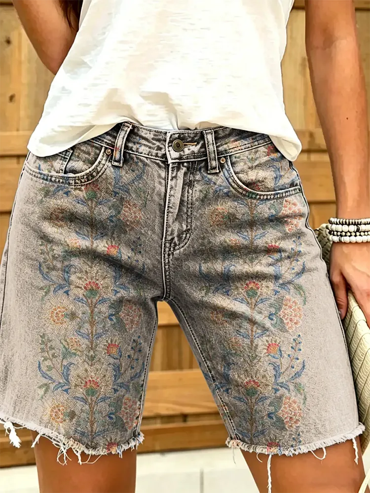 Women's Vintage Floral Print Denim Shorts