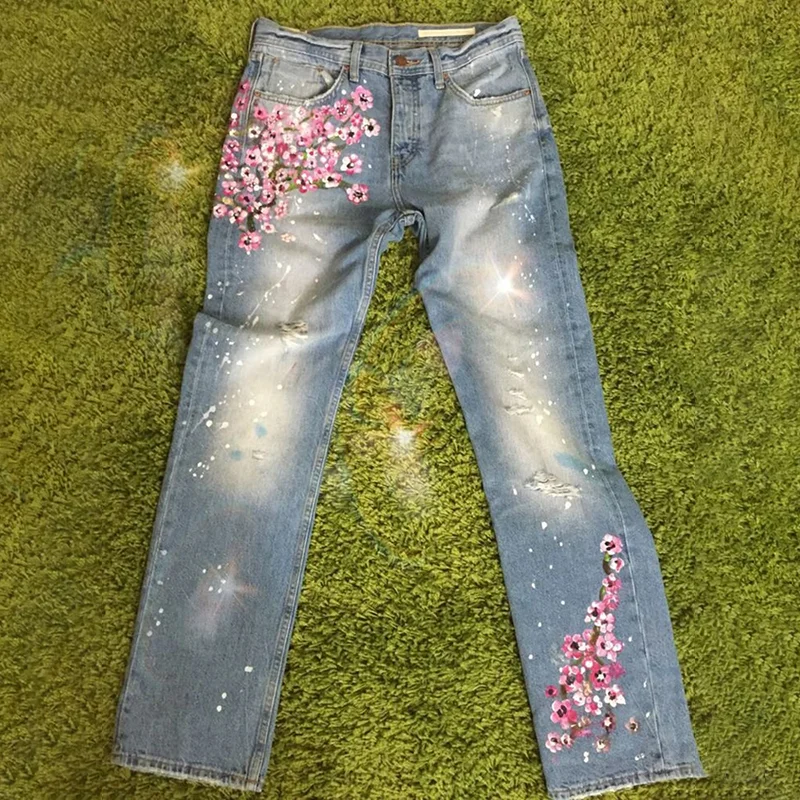 Vintage Japanese Sakura Art Design Jeans
