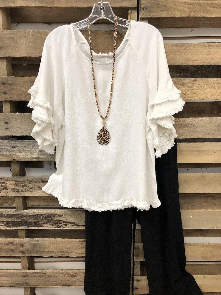 Retro Layered Brushed Round Neck T-shirt
