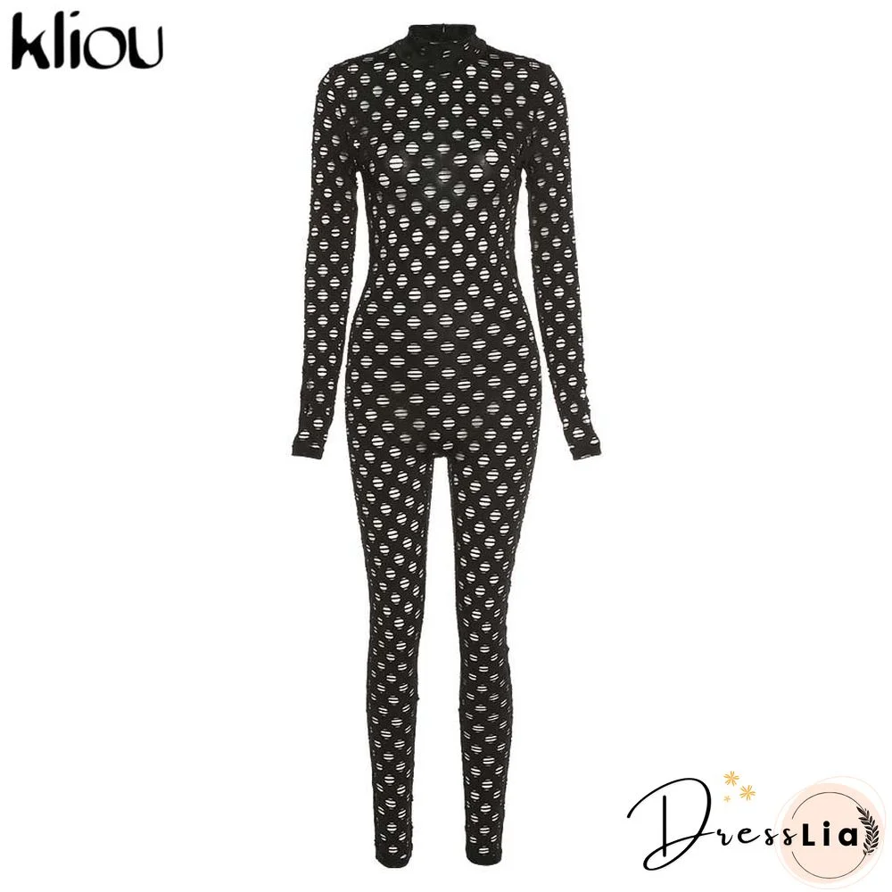 Kliou See Through Hollow Out Sexy Zipper Jumpsuit Women Turtleneck Net Plaid Hole Skinny Elastic Club Streetwear Rompers