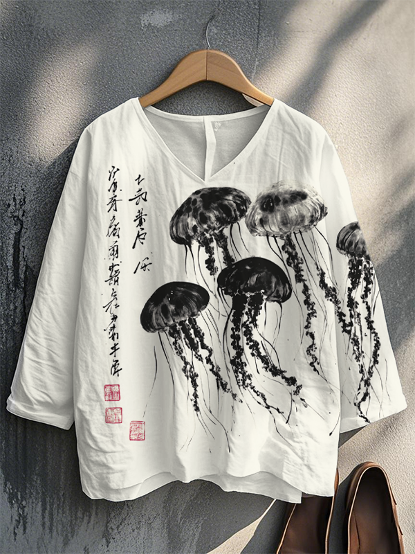 Women's A Group Of Jellyfish Ink Painting Print Long Sleeve V Neck T-Shirt