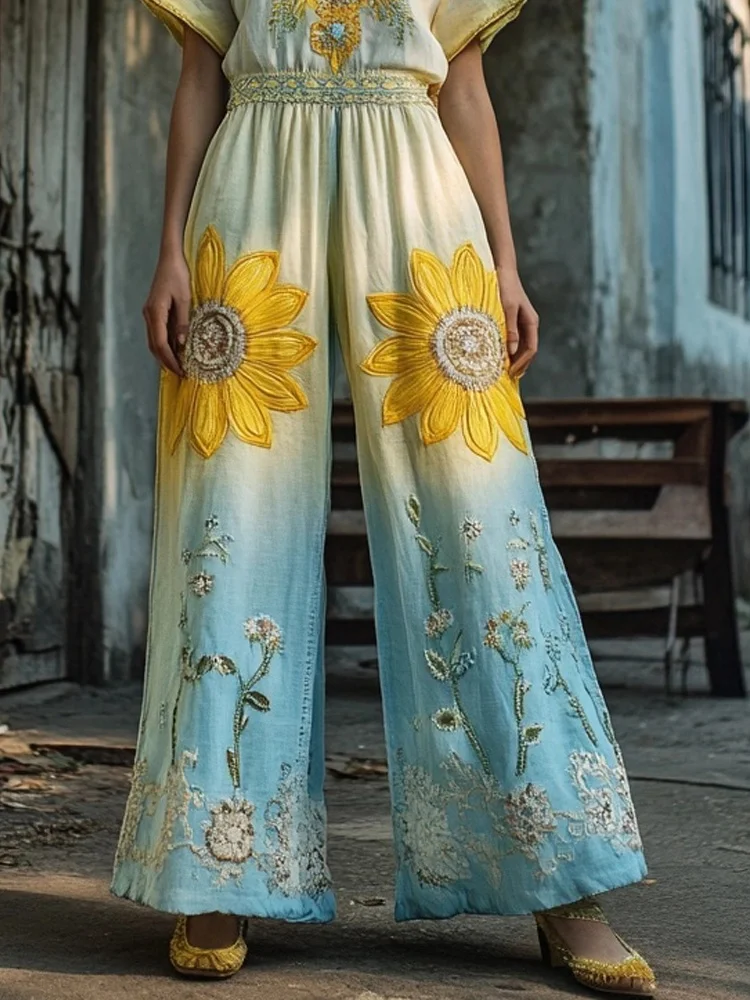 Utbros Boho Sunflower Embroidered Gradient Linen Comfy Pants