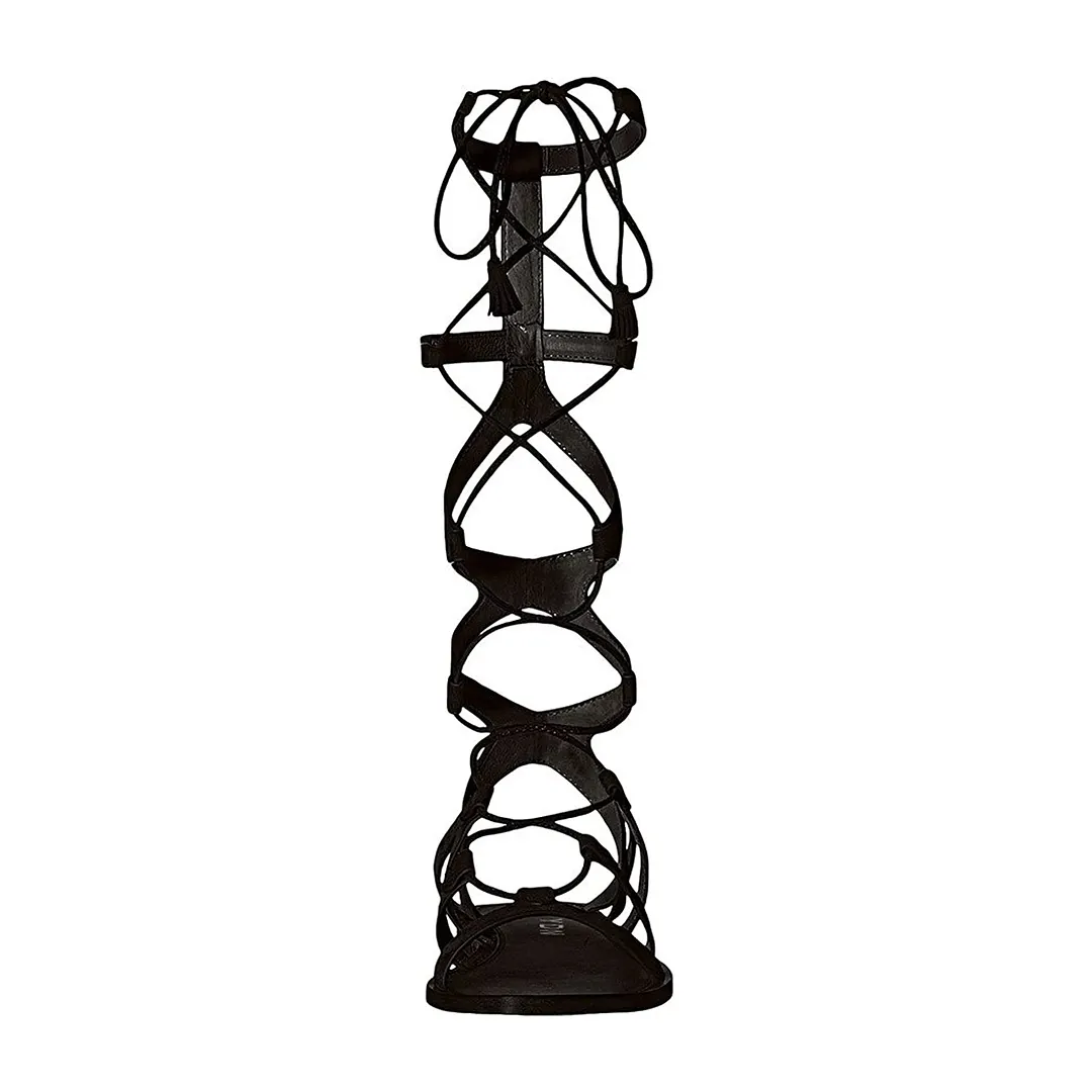 Knee High Open Toe Flat Lace Up Gladiator Black Sandals for Women