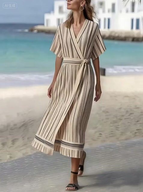 Women's Summer Cotton&Linen Striped Cross Collar Dress