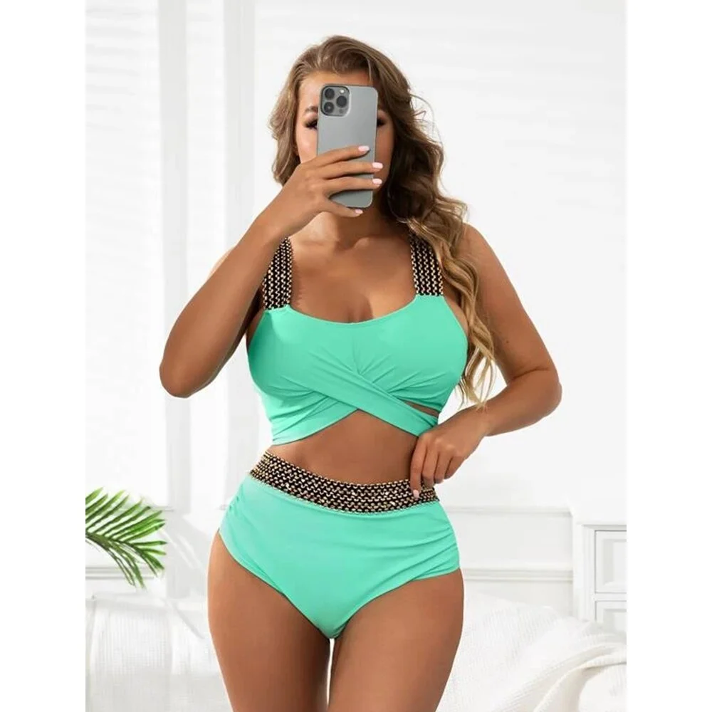 2022 New Women Two Piece Cross Wrap Bathing Suit Tie Back High Waist Tummy Control Swimsuit Curvy Bikini Set Swimwear biquini