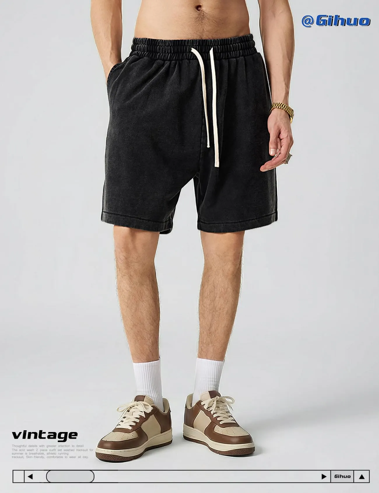Gihuo Mens Unisex Sweat Shorts Cotton Athletic Shorts Vintage Acid Wash Elastic Waist Drawstring Workout Shorts with Pockets Womenswear Basic Bottom Casual Minimalist
