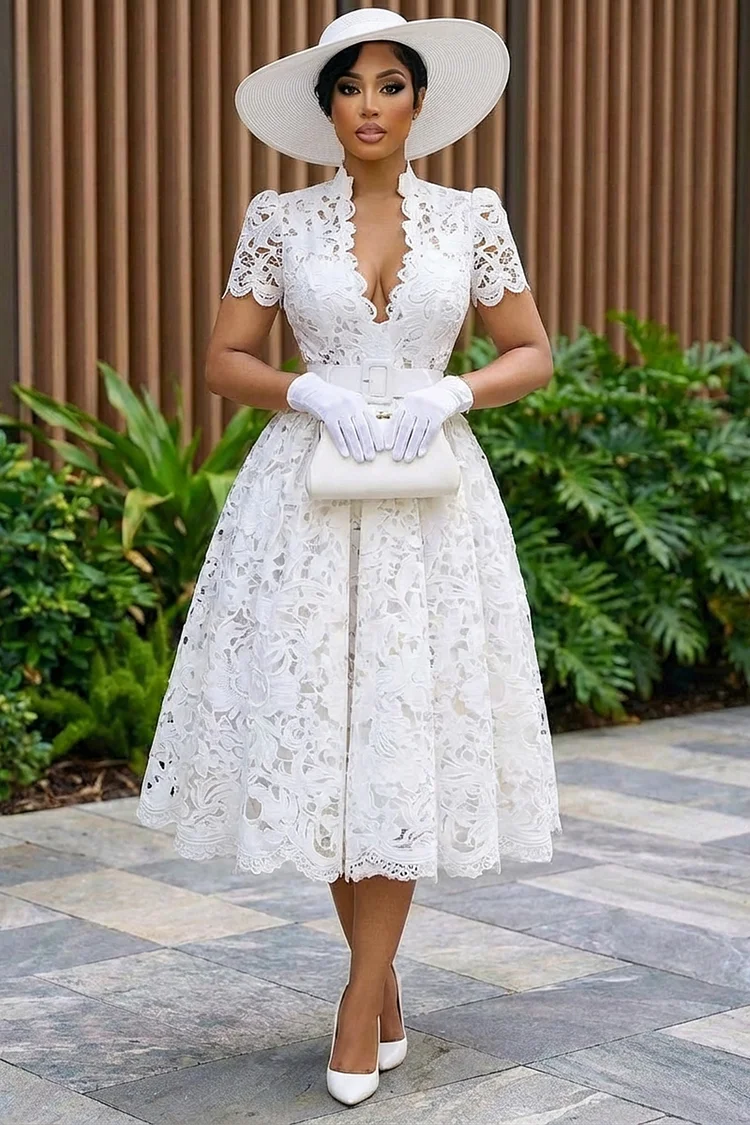Deep V Neck Cinch Waist Guipure Lace Bouffant Midi Dresses-White