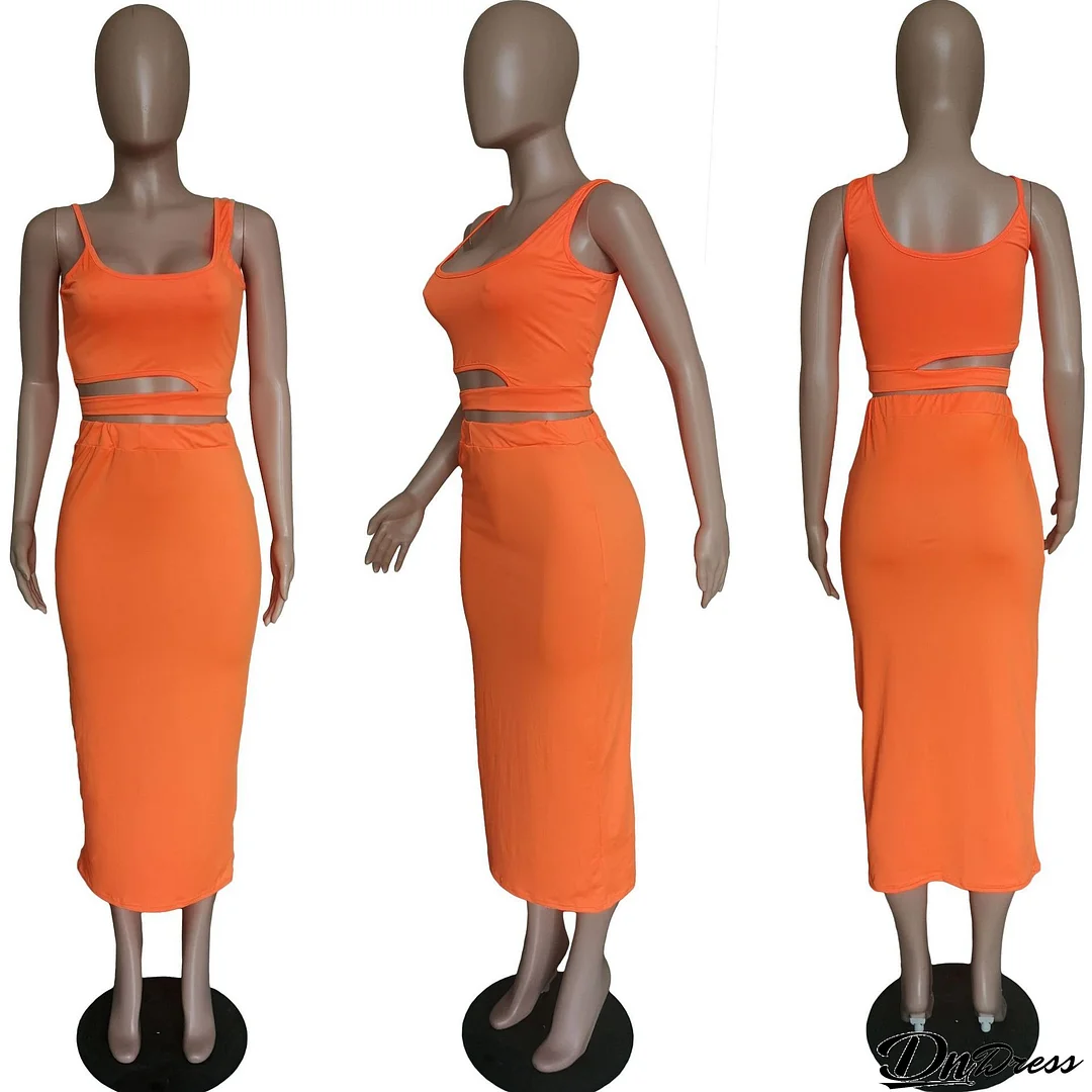 Women's Solid Color Cutout Casual Home Style Skirt Set Two Piece