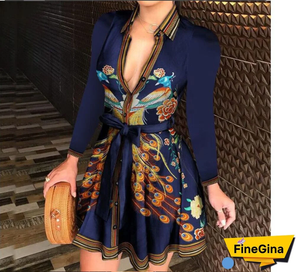 Women's Long-sleeved Dress Autumn New Printed Lace-up Waist Sexy Short Skirt