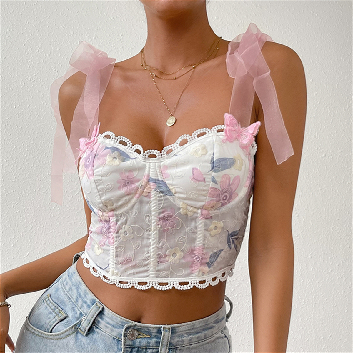 Sexy Women's Floral Fishbone 3D Butterfly Vest Corset Sleeveless Streetwear Y2k Crop Top White Lace Embroidery Hollow Tank Top