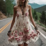 Vintage Boho Pink Rose Embroidery Art Linen Mini Caimi Dress - Image 2