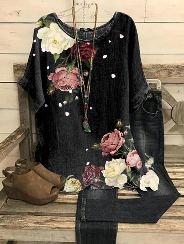 Vintage Floral Printed Round Neck Women's T-shirt