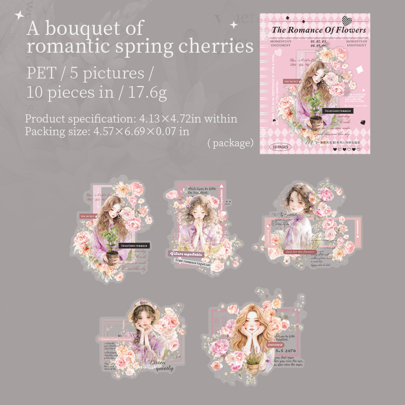 Journalsay 10 Sheets The Romance of A Bouquet Series Vintage Character Flower Landscape PET Sticker