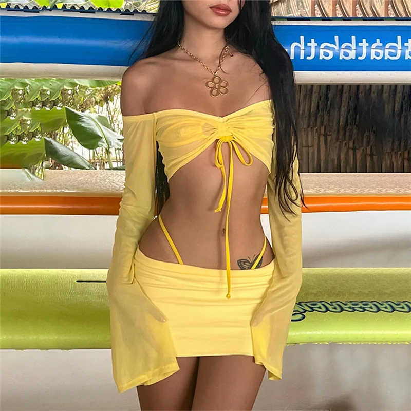 Ueong Ueong Summer New Women's Solid Color Slim One Word Collar Long Sleeve Fashion Skirt Suit Female