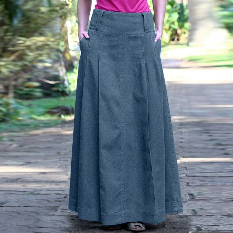 Oversize Summer Denim Blue Long Skirts ZANZEA Women Vintage High Waist Skirt Faldas Saia Femme Robe Solid Maxi Vestido Jupe