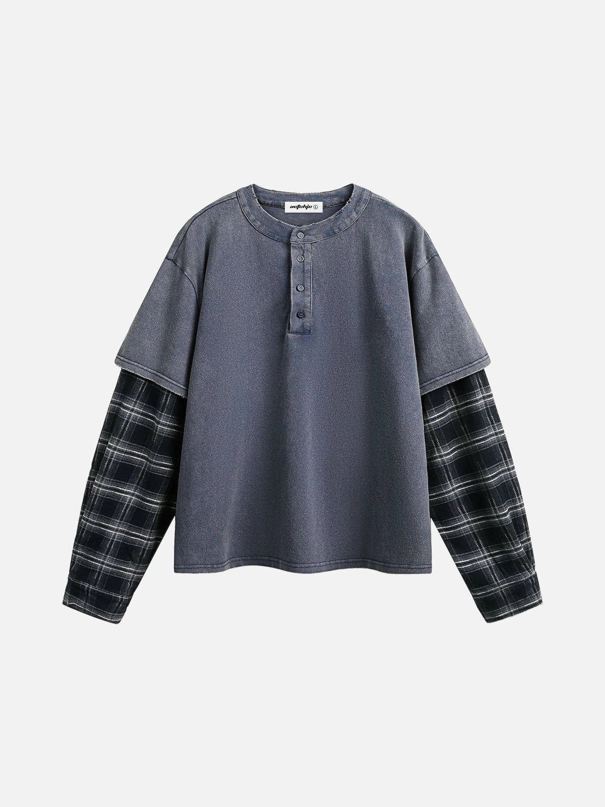 Blue Plaid Two Layer Henley Neck Long Sleeve Tee Front