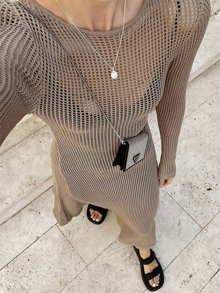 Ootddress White Crochet Hollow Out Midi Dress For Women Long Sleeve Casual Dress Beach Holiday See-Through Summer Dress Cover-Up
