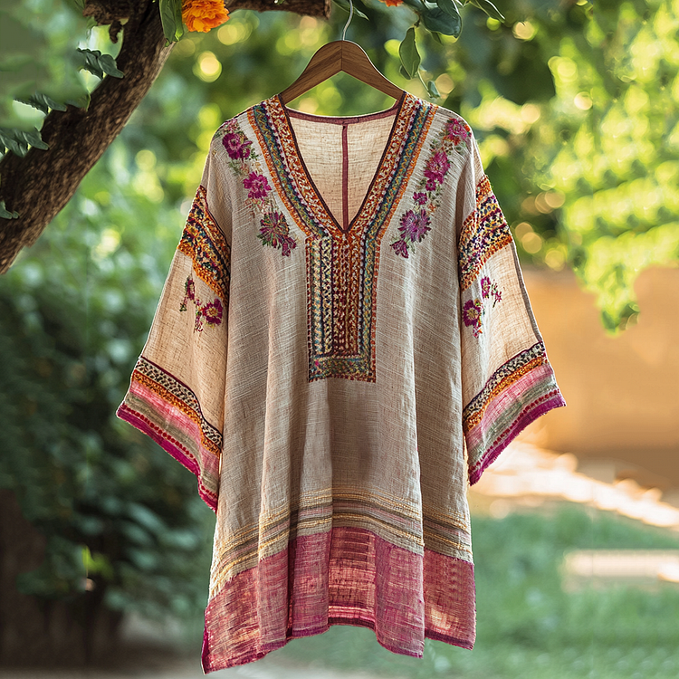 Simpfit Lockeres Vintage-T-Shirt aus Nachahmung aus Nachahmung aus Baumwolle und Leinen mit Blumenstickerei und V-Ausschnitt für Damen